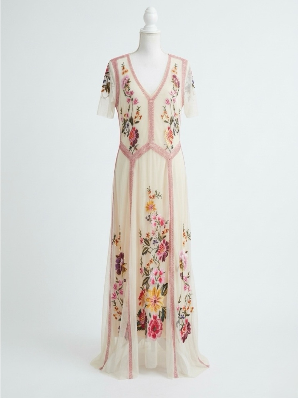 Sundance Cream Maxi Dress with Pink Trim and Multicolor Floral Embroidery